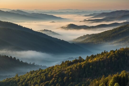 Misty Mountain Landscape with Layers of Forest Hills at Sunrise - Powered by Adobe