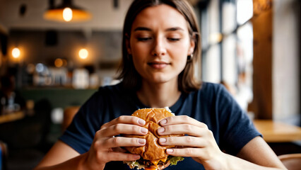 Close-up of a young woman eating a juicy cheeseburger in a cozy restaurant