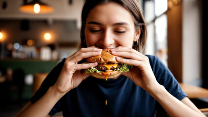 Close-up of a young woman eating a juicy cheeseburger in a cozy restaurant