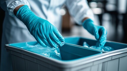 Nurse sorting medical waste into designated disposal containers