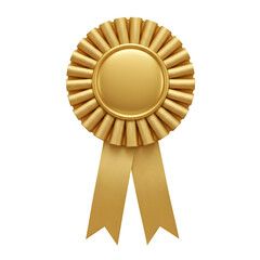Gold prize rosette with textured pleated petals surrounding smooth center medallion and hanging ribbon streamers, isolated on white or transparent background. PNG
