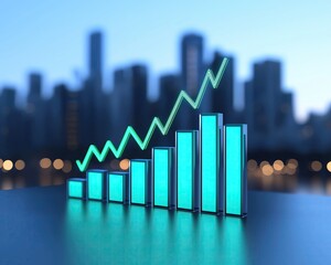 3D rendering of a glowing stock market bar chart with dynamic green line graphs over a modern city skyline at dusk
