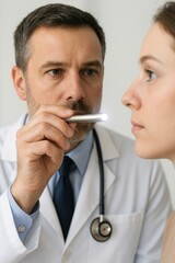 Doctor conducts regular medical check-up using penlight on patient in clinical setting