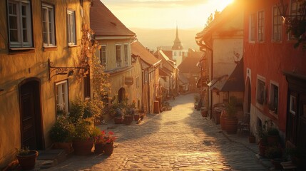 Fototapeta premium Picturesque European Town Street at Sunset with Golden Sunlight and Cobblestone