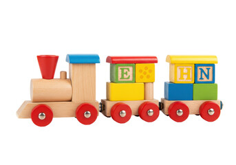 Isolated Wooden Toy Train with Colorful Blocks