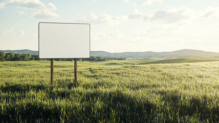 Blank white road sign mockup in the countryside, a green meadow and trees in the background