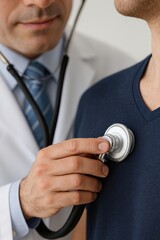 Medical professional performs check-up using stethoscope on patient in clinic setting