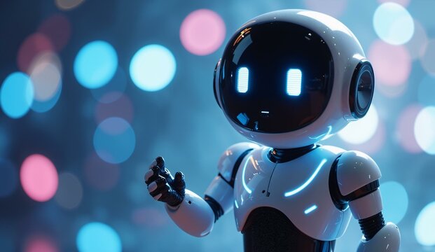 Futuristic Robot with Illuminated Eyes Against a Bokeh Background