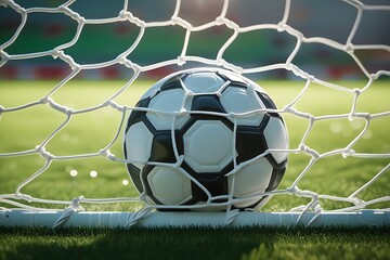 Soccer ball in goal net on sunny field