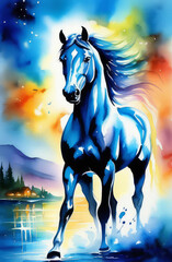 Dynamic watercolor illustration of a majestic galloping horse against a background of colorful splashes