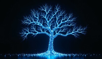 Glowing Blue Tree with Illuminated Branches Against a Dark Background