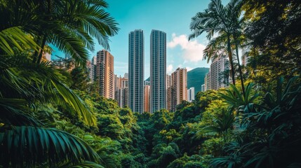 Urban Cityscape View of Skyscrapers Through Green Lush Foliage with Clear Blue Sky