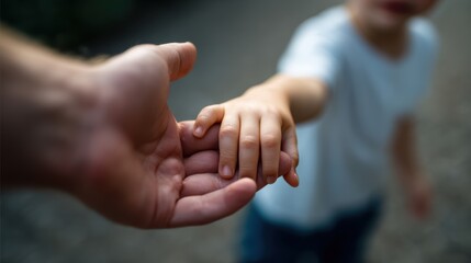 Child hand reaching out to hold adult hand, symbolizing connection and trust. moment captures warmth and affection in serene outdoor setting