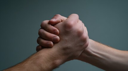 Two hands grasping each other tightly, symbolizing unity and strength, with neutral background enhancing focus on hands. image conveys sense of connection and determination