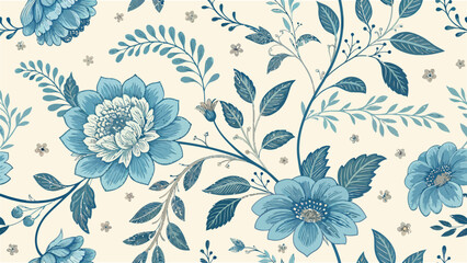 Elegant hand drawn blue floral pattern seamlessly repeating against soft beige background.