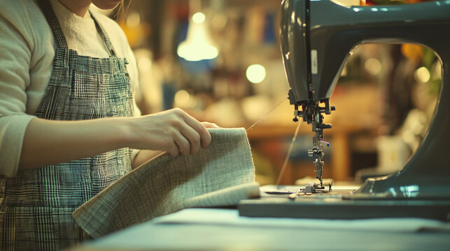 Seamstress stitching fabric with a sewing machine in a textile workshop