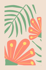 Botanical drawing tropical flowers and leaves on beige background in abstract doodle form art design for posters, wallpapers and home decor. Vector illustration.