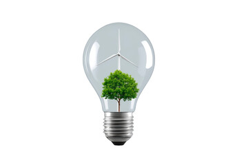 Innovative concept of green energy with tree and wind turbine inside light bulb on transparent background, PNG