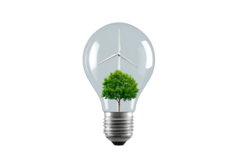 Innovative concept of green energy with tree and wind turbine inside light bulb on transparent background, PNG