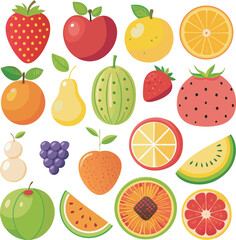 A vibrant collection of stylized fruit illustrations, featuring a variety of whole and sliced fruits such as apples, oranges, strawberries, watermelons, and more, presented in a flat design aesthetic.