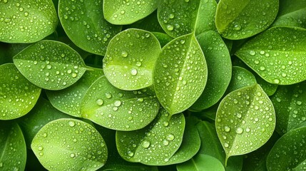 Obraz premium Vibrant Green Leaves Covered with Water Droplets in a Natural Background Texture
