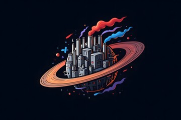 Digital Illustration of a Miniature Planet Formed by Industrial Smokestacks in Varying Heights
