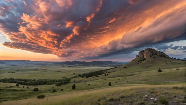 Stunning vibrant sunset illuminated dramatic clouds over lush green rolling hills and majestic landscape scenery.