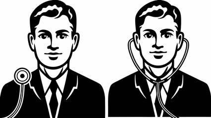 Two doctors in suits one with stethoscope on shoulder and one around neck black and white vector art | eps vectors silhouette