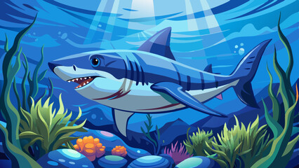 Fototapeta premium close up Great white swims deep blue ocean. Predator animal in action. Underwater sea wildlife. Stunning marine life, dangerous big fish in natural habitat. Marine life aquatic animal . Very beautiful