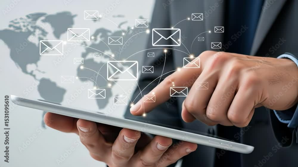 Poster a person interacts with a tablet, sending and receiving emails. this quick exchange emphasizes the e