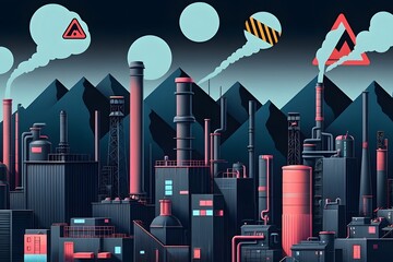 Digital Illustration of a Dystopian Industrial Landscape with Towering Factory Complexes Shaped Like Mountains