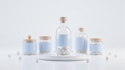 Jars and bottles with white pills