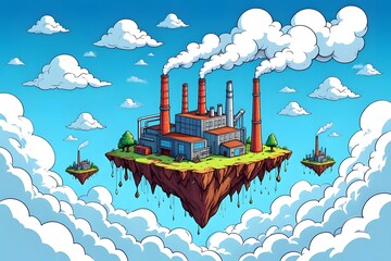 Digital Illustration of a Factory Complex on a Floating Island Suspended in a Bright Blue Sky with Puffy White Clouds