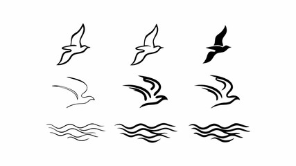 Silhouette drawings of birds in flight above wavy lines representing water in a minimalist style design | eps vectors