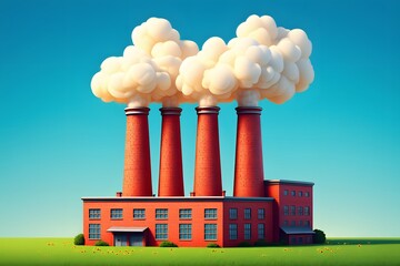 Digital Illustration of a Factory Building with Three Oversized Brick Smokestacks Emitting Puffy White Smoke Clouds