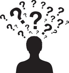 Vector art of a silhouette of a person overwhelmed by a swarm of question marks, isolated on white background