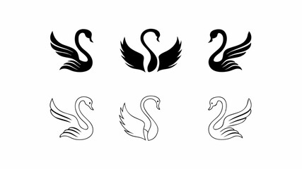 Illustration showing six swan designs in black and white with different wing and neck positions shown | eps vectors silhouette
