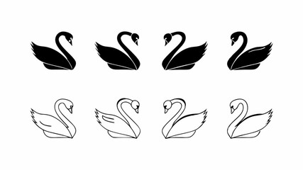 Eight swans arranged in two rows featuring both solid black and outline styles on a white background | eps vectors silhouette