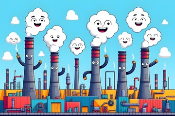 Digital Illustration of a Factory Scene with Tall Grey Metal Smokestacks Featuring Smiling Faces Performing a Dance