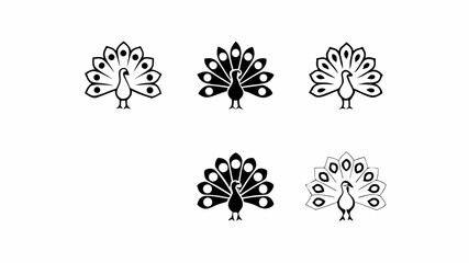 Collection of five stylized peacock illustrations in black and white minimal designs spread out | eps vectors silhouette