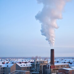 Digital Illustration of a Factory with a Tall Brick Smokestack Emitting White Smoke Plumes Against a Pale Blue Winter Sky