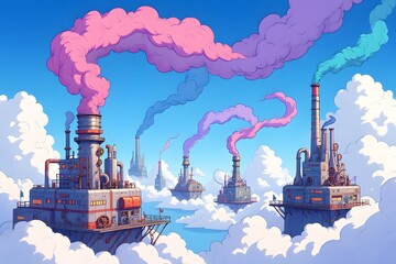Digital Illustration of a Fantasy Industrial World with Large Metal Factories Suspended in a Bright Blue Sky