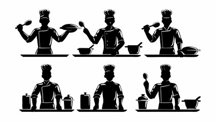 Silhouette illustrations of chefs in various cooking poses with hats and kitchen utensils on white background | eps vectors