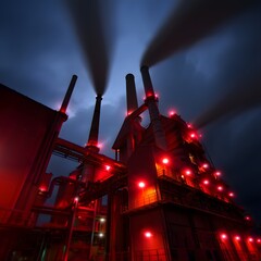 Digital Illustration of a Futuristic Factory Complex Rising Against a Stormy Night Sky with Tall Smokestacks Emitting Smoke