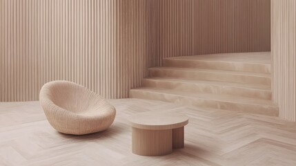 Light beige wooden armchair and side table in a minimalist interior.
