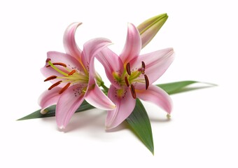 Fototapeta premium Two Delicate Pink Lilies with Green Leaves Isolated on White Background