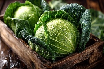 Fresh green cabbages with water drops in wooden crate