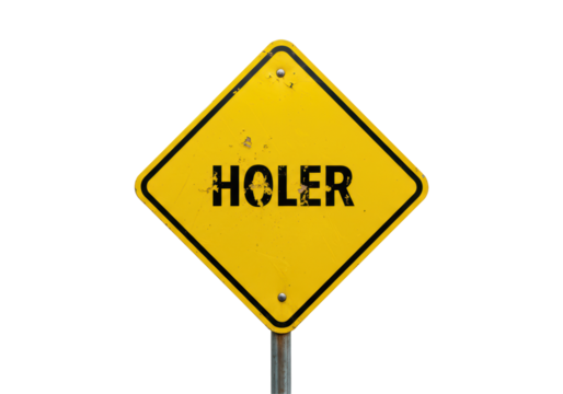 Isolated Damaged Yellow Warning Sign with 'HOLER' Text