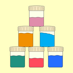 Cartoon set of colorful paint jars in pyramid shape on light yellow background. School art supplies for creative learning. For back to school stationery concept, education visual, or educational theme