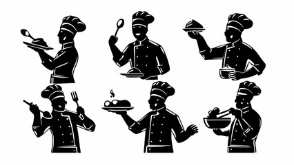 Collection of black and white chef illustrations in various poses holding food and cooking utensils design vector | eps vectors silhouette